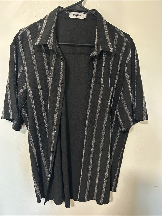 Other - Black Short-Sleeve Button-Down Shirt with Silver Stripes